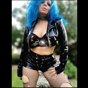 Pop punk bling and patch decorated bra vinyl moto jacket high waisted shorts