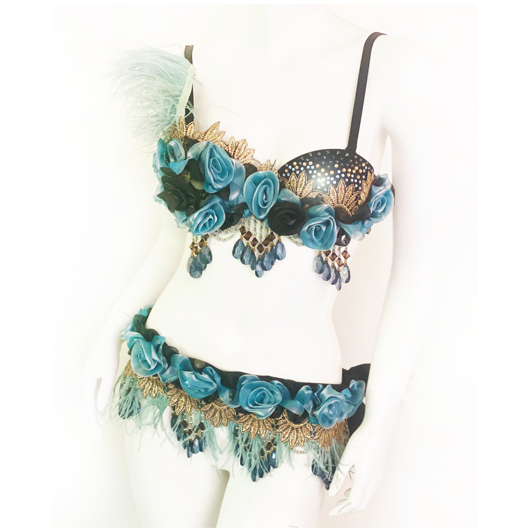 Dusty Blue Bordelle - 32A bra, XS/S belt