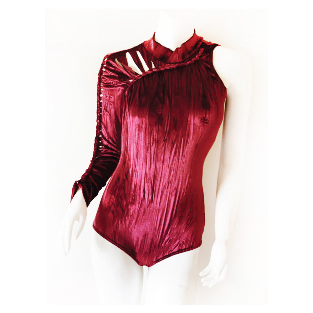 Kelly Gets Twisted One Sleeve Velvet Bodysuit - Maroon - SAMPLE SALE
