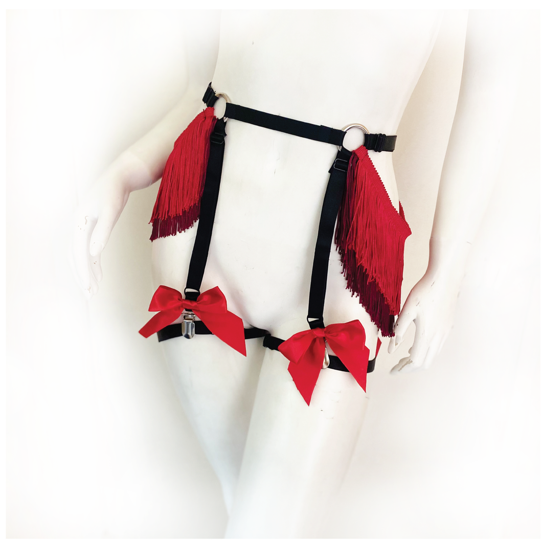 Lady Marmalade Red Bow Garter Belt with Fringe